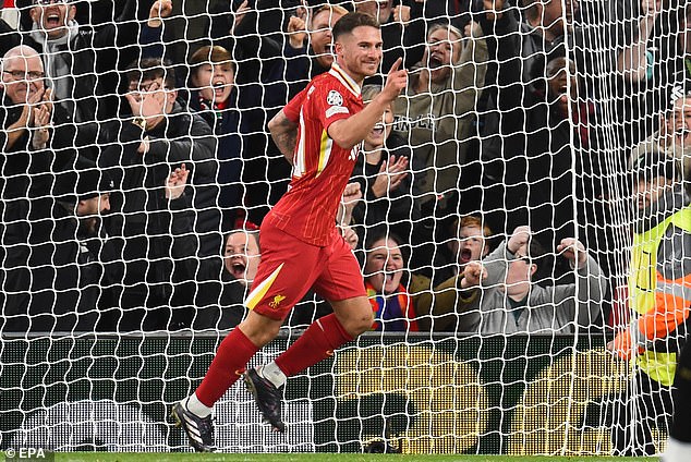 Alexis Mac Allister celebrates after his eleventh-minute goal gave Liverpool the lead