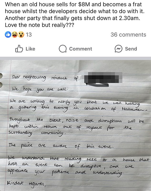 They said the locals' claims in a social media post (pictured) were exaggerated and that the tenants were courteous and had only had three parties since June last year.