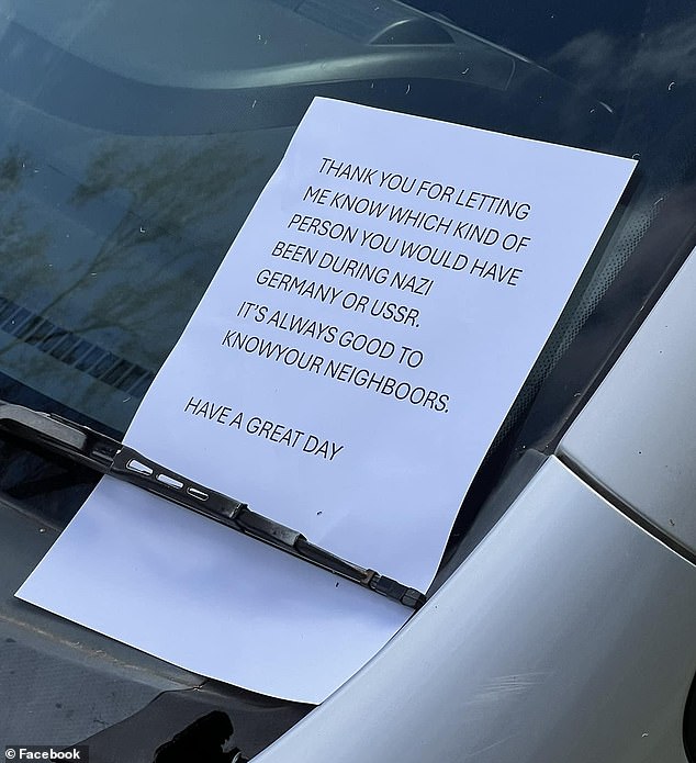 Neighbors in an expensive Sydney suburb are stunned after discovering an 'unhinged' note on a car's windscreen wiper