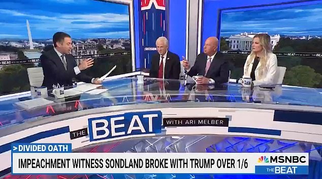 MSNBC's Ari Melber (left) was shocked when Gordon Sondland (center right), a star witness in former President Donald Trump's first impeachment, said he planned to vote for the Republican nominee