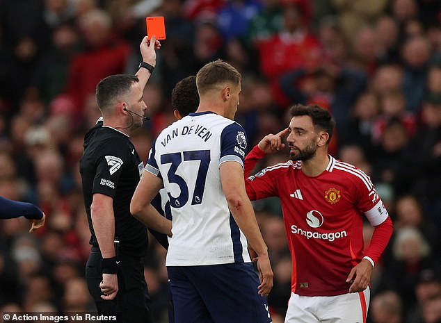 Bruno Fernandes was shown a straight red card for a foul on James Maddison in the first half of Man United's 3-0 defeat to Tottenham.