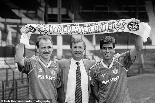 Alex Ferguson pictured (centre) alongside Mike Phelan (left) and Neil Webb (right) in 1989 - the year United started their First Division season with just seven points in seven games