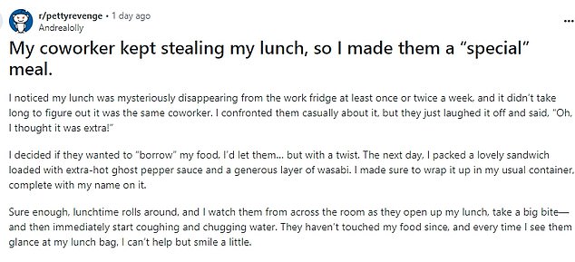 The unnamed man took to Reddit to describe the revenge he took on his colleague