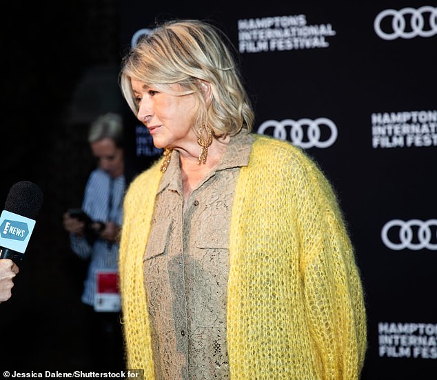 Stewart presented herself stylishly in a light brown, lace blouse with buttons at the front and tight, gold pants