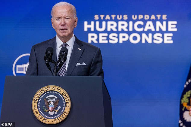 U.S. President Joe Biden delivers remarks on the federal response to Hurricane Milton during a briefing from the Eisenhower Executive Office Building