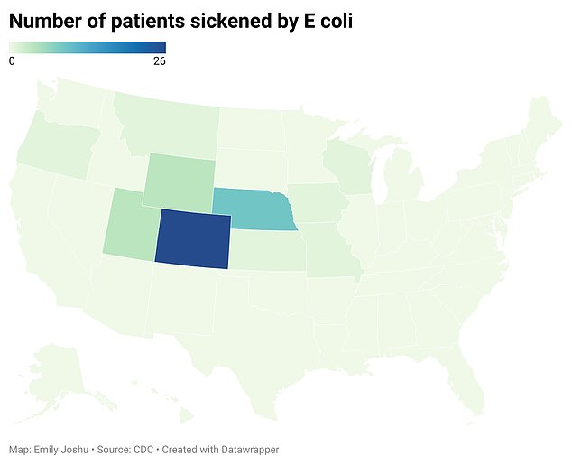 The map above shows where patients sickened by E coli from McDonald's Quarter Pounders were located. Colorado recorded the most cases at 26, including an old man who died from the disease. Nebraska followed closely with nine cases