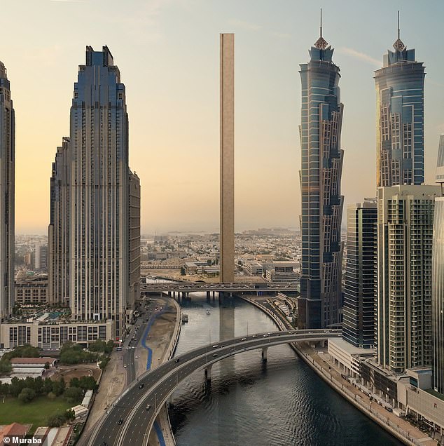 The skinny Muraba Veil Tower (center) will be located next to a canal and Sheikh Zayed Road, one of Dubai's busiest roads