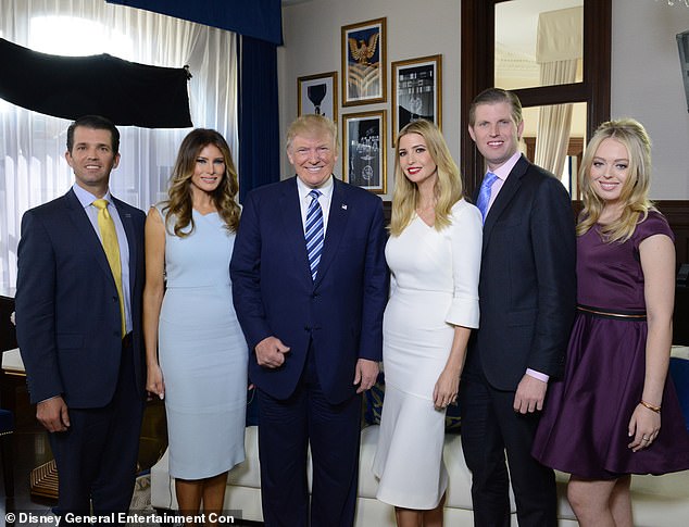 Melania Trump, 54, has revealed how she deals with her relationship with her stepchildren: Donald Jr. in her new memoir. (left), Ivanka (third from right), Eric (second from right) and Tiffany (right)