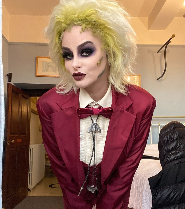 A model looked unrecognizable as she transformed into Beetlejuice for a Halloween party this week