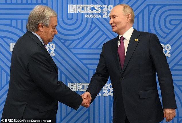 UN Secretary General Antonio Guterres was criticized for the way he met Russian President Vladimir Putin (pictured right) at the BRIC conference in Kazan