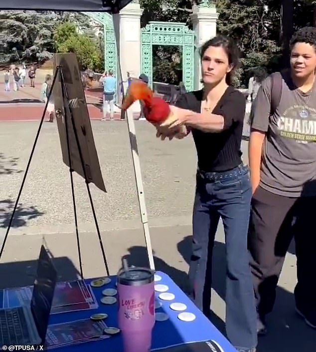 Footage of the incident captured Wednesday at the University of Berkeley shows members of Turning Point USA being swarmed by the unknown person