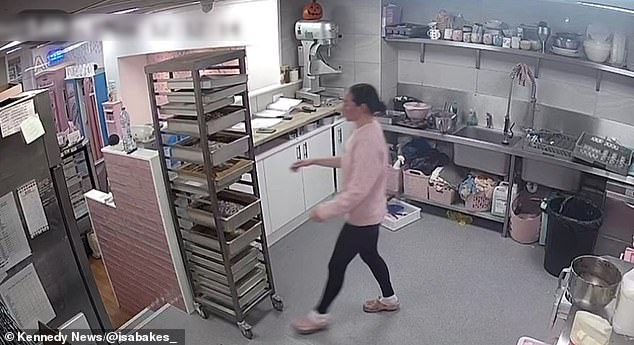 CCTV footage shows Isabel Maidens trying to move a cart full of treats such as brownies and s'mores in the kitchen of her Isabakes bakery