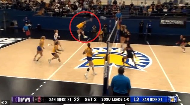 Fleming (circled) took a set from teammate Brooke Slusser before spiking the ball