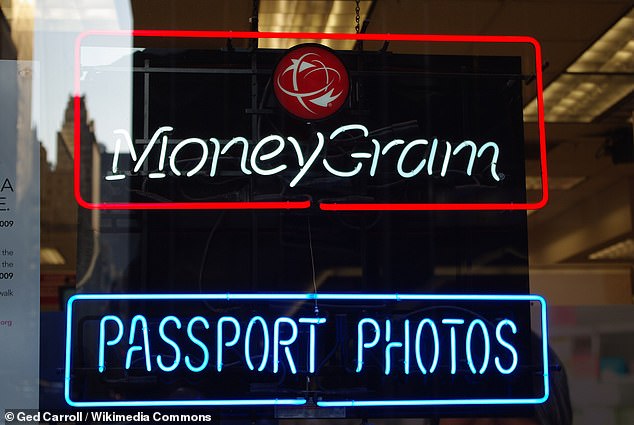 Above, neon signs for MoneyGram's transfer services at a passport photo shop in New York