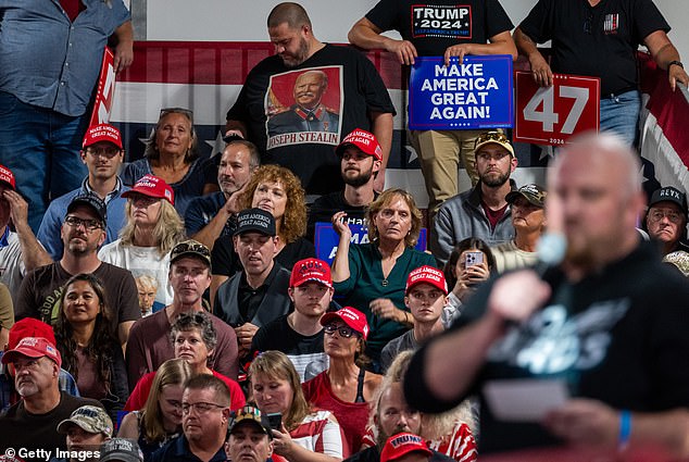 Supporters attend a town hall with Republican presidential candidate, former President Donald Trump, at the Greater Philadelphia Expo Center