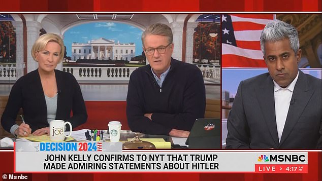 Morning Joe's Joe Scarborough (center) launched an angry tirade Wednesday against Republicans and The Wall Street Journal for turning a blind eye to former President Donald Trump's