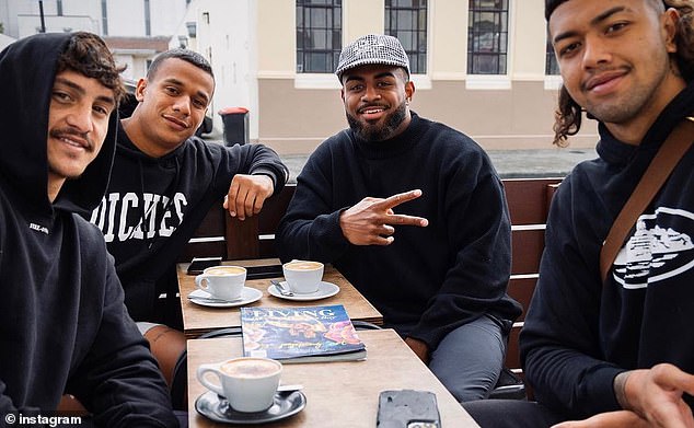 Queensland Police and the NRL Integrity Unit are investigating the alleged incident involving Broncos star Ezra Mam (pictured second from right with Broncos teammates)