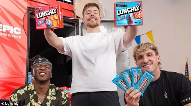 MrBeast (center) launched Lunchly in September in partnership with fellow content creators Logan Paul (right) and KSI (left), advertising it as a “healthier alternative” to Lunchables