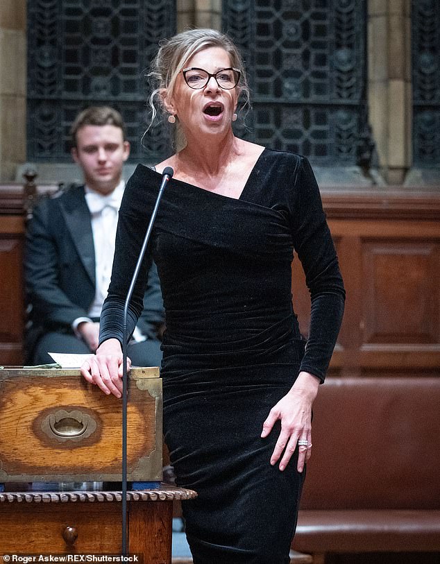 Katie Hopkins, former Apprentice contestant, media personality and commentator, speaks in a debate against the motion: 'This House Would Go Vegan' at Oxford Union