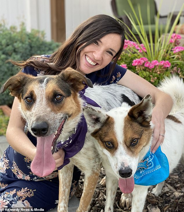 Korinne is shown with her dogs, including Niko on the left. The Mortenses had Niko euthanized in January 2023 after learning he had a terminal brain tumor