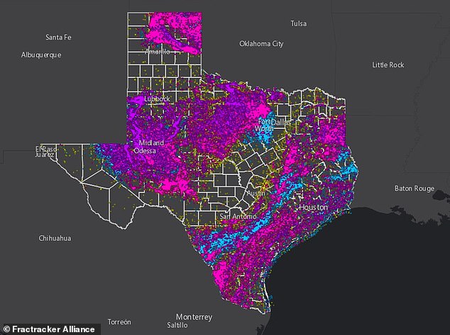 Scientists have attributed the recent spate of earthquakes in Texas to hydraulic fracturing and determined that the increase in seismic activity could cause the geysers to erupt. Pictured: Hydraulic fracturing sites and injection wells in Texas