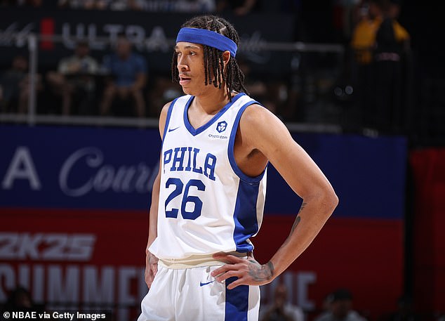 The 23-year-old is pictured playing for the Philadelphia 76ers in July 2024