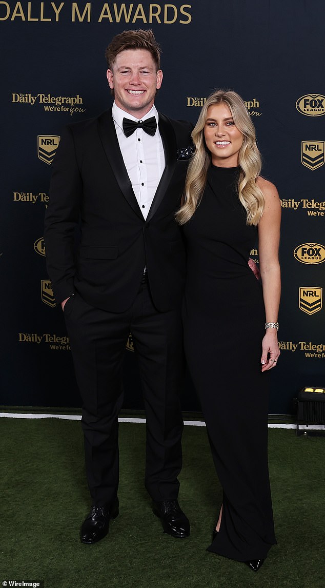 Melbourne Storm captain Harry Grant, 26, (left) turned heads at the 2024 Dally M Awards on Wednesday when he arrived with his arm around teammate Trent Loiero's sister Brooke (right)