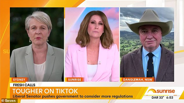 Sunrise interviewer Nat Barr (pictured center) heckled politicians Tanya Plibersek (pictured left) and Barnaby Joyce (pictured right) about how much attention they paid to polls