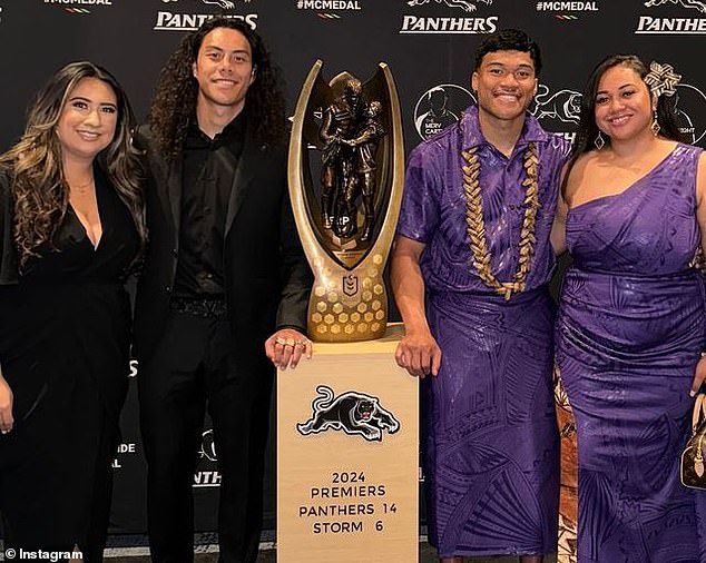 Jarome Luai and partner Paris pictured with Brian and Moesha To'o