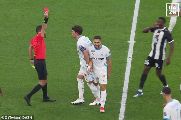 Marseille striker Neal Maupay was sent off after receiving two yellow cards in three minutes