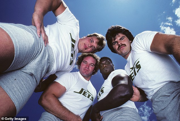 Former New York Jets defensive tackle Abdul Salaam (near right) along with Mark Gastineau (right), Joe Klecko (far left) and Marty Lyons (near left) at the famous Sack Exchange