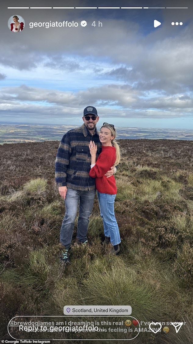 Newly engaged Georgia Toffolo, 30, showed off her dazzling diamond ring in cute Instagram photos after revealing to James Watt, 42, who popped the question on Sunday