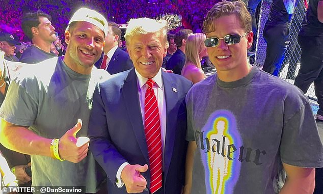 From left to right: 49ers DL Nick Bosa, former President Donald Trump, Bengals QB Joe Burrow