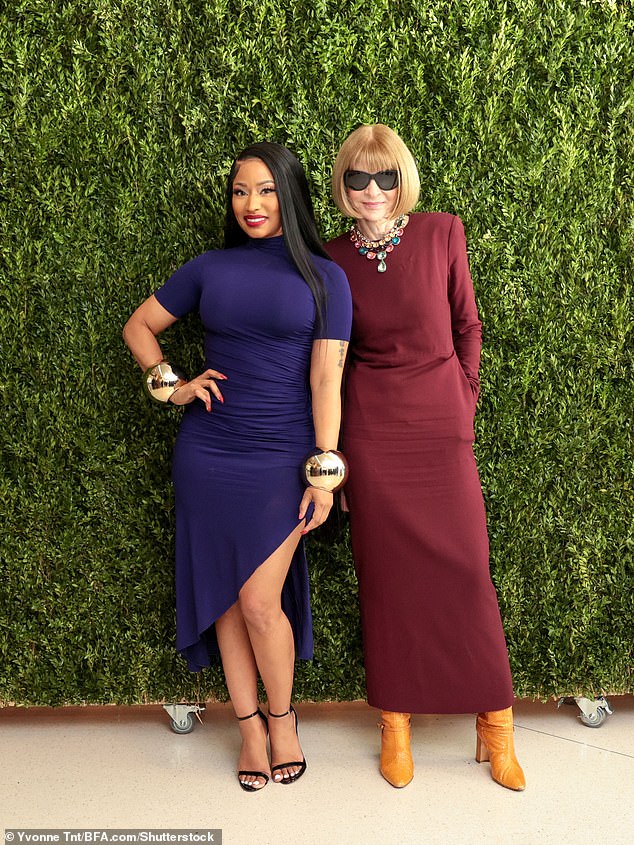 Nicki Minaj (L) coaxed Vogue editor-in-chief Anna Wintour (R) into a rare smile while attending the eighth annual Forces of Fashion event, held Wednesday at her office at One World Trade Center in Lower Manhattan