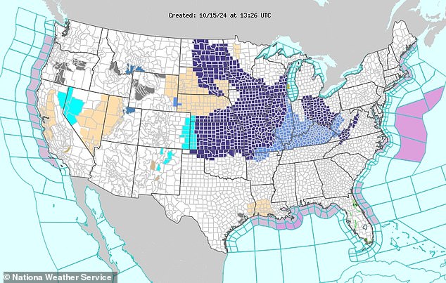 States in dark blue are under a freeze warning for the next 24 hours as the NWS predicts temperatures will dip into the 30s