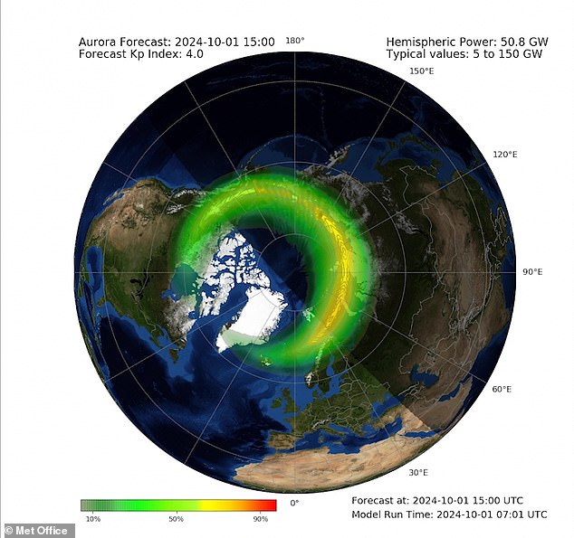 The Met Office predicts that the Northern Lights could be visible over parts of Scotland and northern England this evening