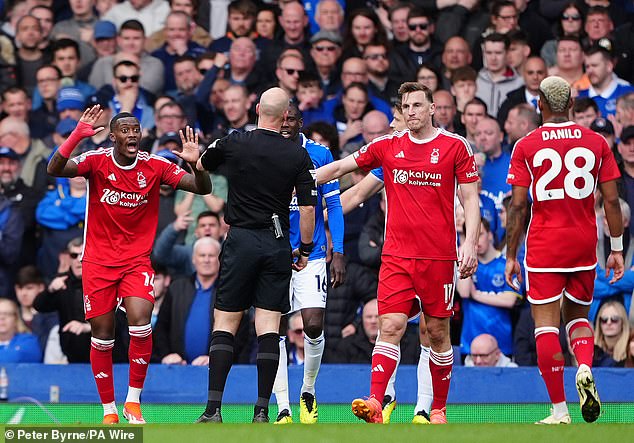 Nottingham Forest were furious with the referee during their Premier League match with Everton at Goodison Park last season