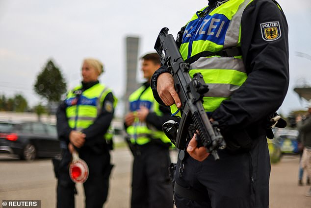 German police stand guard at the border with France as all German land borders are subject to random checks to protect internal security and reduce irregular migration