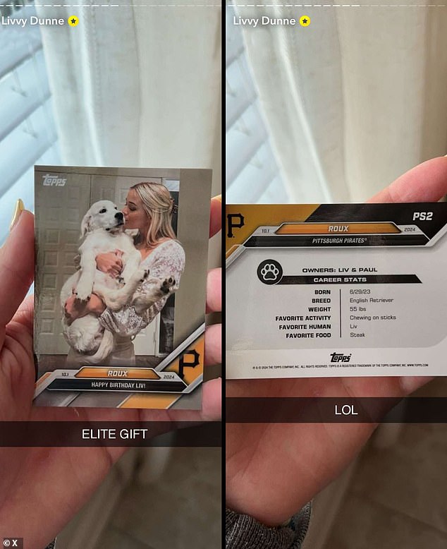 Olivia Dunne's boyfriend Paul Skenes gifted her a custom trading card for her dog Roux