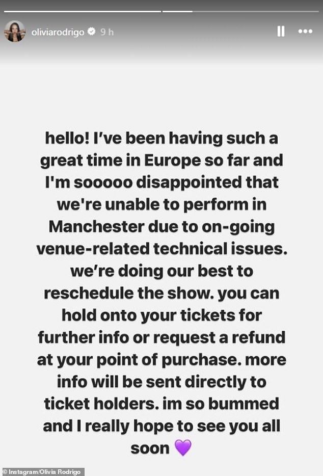 Olivia previously said she was 'sooooo disappointed' and 'so disappointed' to postpone the Manchester shows after calling the venues 'poor management' of the arena opening