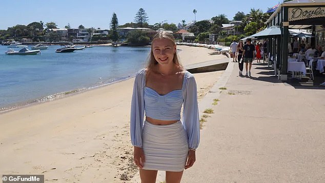 Chloe Mibus (pictured) is desperately trying to return to Australia after a truck crashed into her car while on holiday in Canada