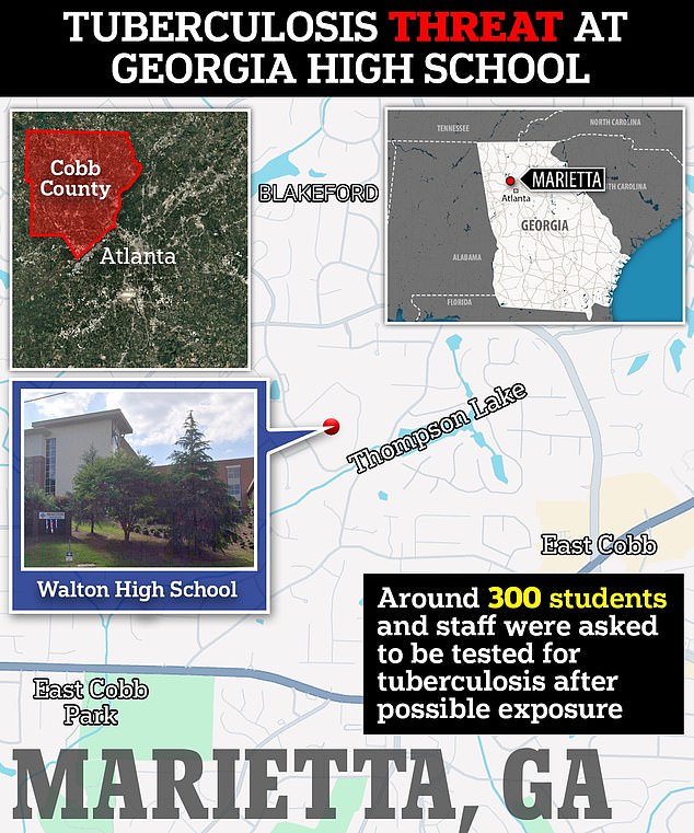 Health officials say 300 people may have been exposed to someone with an active tuberculosis infection at Walton High School in Cobb County, as seen in the map above