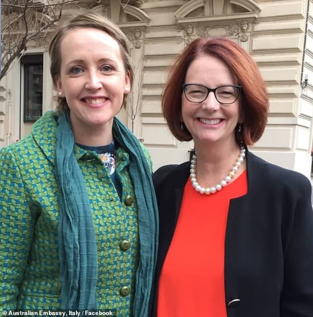 Jo Tarnawsky – seen above at a diplomatic post with former Prime Minister Julia Gillard – is the most senior female political staffer in the government. Her allegations about a toxic culture in Marles' office are equally embarrassing for Labour