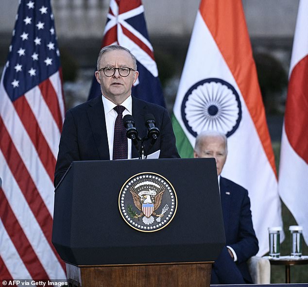 The Albanian government was one of 193 members of the UN to approve the pact (Mr Albanese is pictured at the Quad summit in Washington in September)