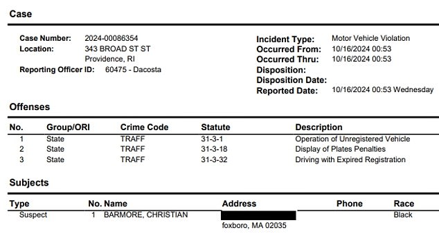 A partially redacted incident report provided to DailyMail.com shows Barmore was stopped for a traffic violation around 1 a.m. Wednesday