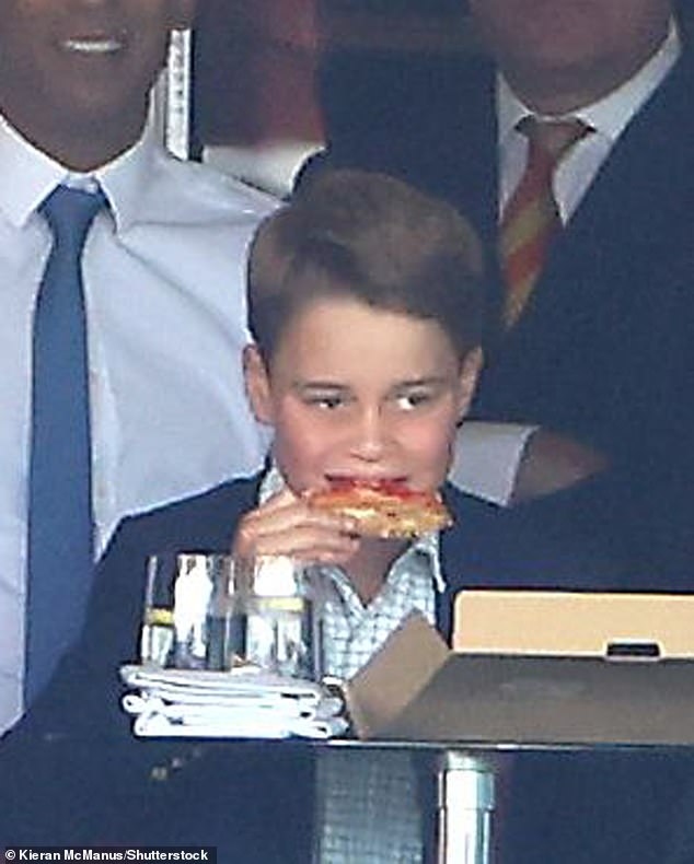 Prince George eats pizza while watching the England cricket team play with his father, HRH Prince William