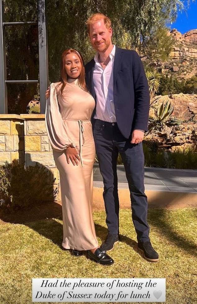 Prince Harry was seen with his arm around Princess Senate Seeiso in an image shared by the African royal family on Instagram - hours after flying to Britain