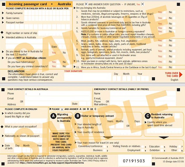 People landing in Australia must declare alcoholic beverages, tobacco products, animals, fresh food, plant material, seeds, soil, meat and animal products