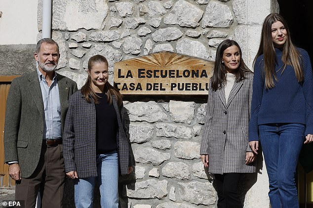 Queen Letizia of Spain cut a chic figure in a smart casual ensemble as she visited the winner of the Exemplary Town of Asturias Awards today with the Spanish Royal Family