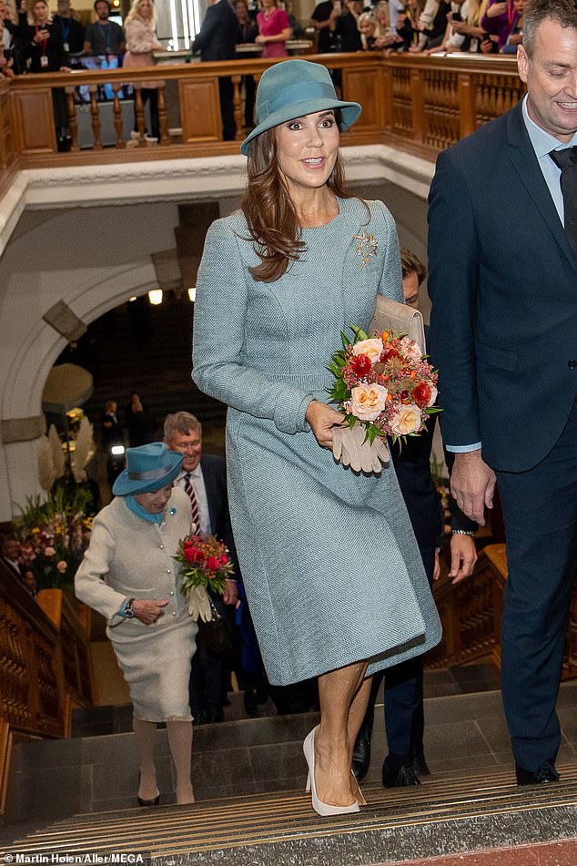 Queen Mary looked elegant in a mint green ensemble as she joined her husband King Frederik and his aunt Princess Benedkeek at the State Opening of Parliament